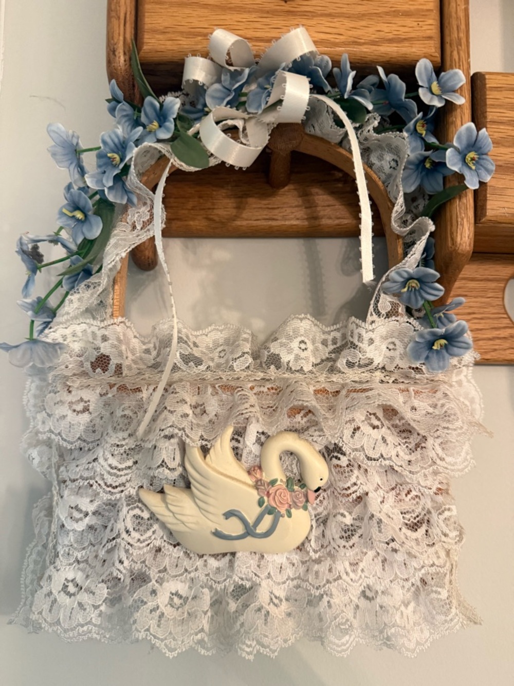 Wood Wall Decor with White Lace/Swan Accent - Cottagecore/Grandmacore